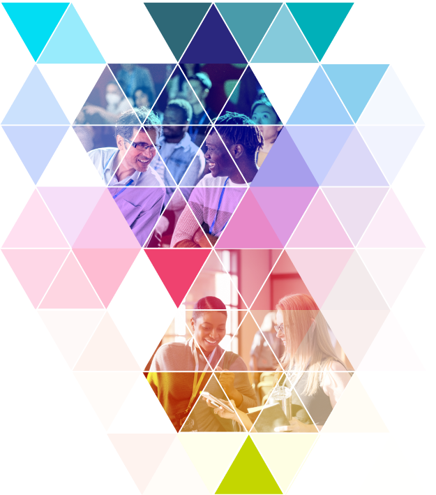 Intricate pattern of triangles with 2 images of conference attendees